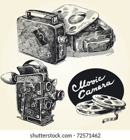 vintage  movie cameras-original hand drawn collection