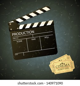 Vintage movie clapper board and admit one ticket. Vector illustration