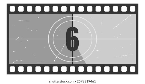 Vintage movie countdown filmstrip frame with number 6. Old movie timer counter in filmstrip. Retro cinema vector number count background with grunge texture