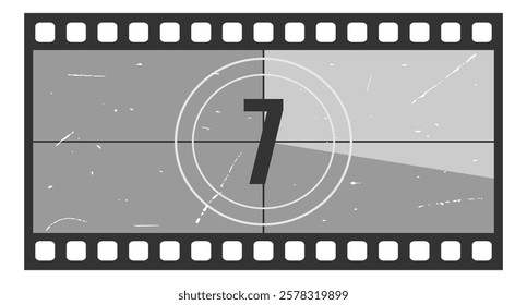 Vintage movie countdown filmstrip frame with number 7. Old movie timer counter in filmstrip. Retro cinema vector number count background with grunge texture