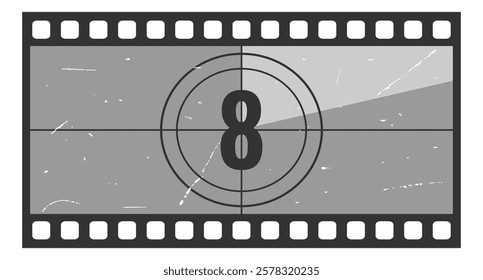 Vintage movie countdown filmstrip frame with number 8. Old movie timer counter in filmstrip. Retro cinema vector number count background with grunge texture