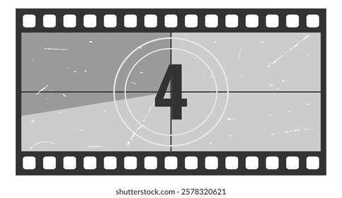 Vintage movie countdown filmstrip frame with number 4. Old movie timer counter in filmstrip. Retro cinema vector number count background with grunge texture