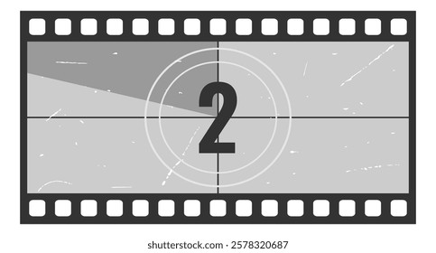 Vintage movie countdown filmstrip frame with number 2. Old movie timer counter in filmstrip. Retro cinema vector number count background with grunge texture