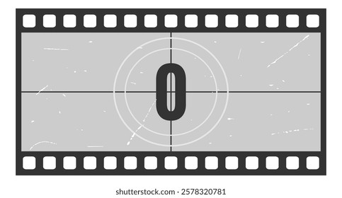 Vintage movie countdown filmstrip frame with number 0. Old movie timer counter in filmstrip. Retro cinema vector number count background with grunge texture