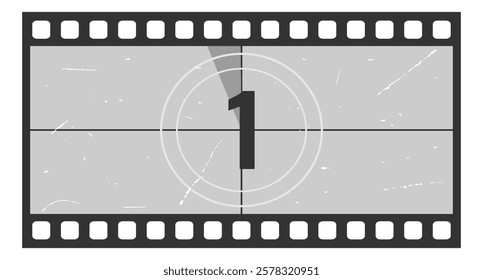 Vintage movie countdown filmstrip frame with number 1. Old movie timer counter in filmstrip. Retro cinema vector number count background with grunge texture