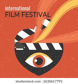 Design de pôster festival de filmes vintage com um coração em forma de clapperboard decorado com um olho. Panfleto de cinema em estilo retrô. Ilustração vetorial