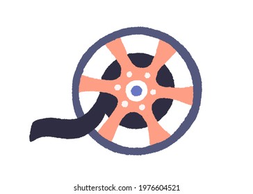 Vintage movie reel with black film. Retro cinema bobbin with filmstrip. Tape rolled on spool. Video production concept. Flat vector illustration of filmmaking equipment isolated on white background