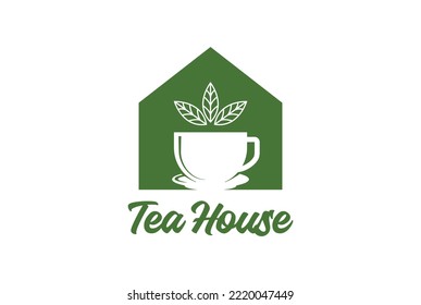 Vintage Mug Tea Leaf with House for Cafe Restaurant or Product Logo Design