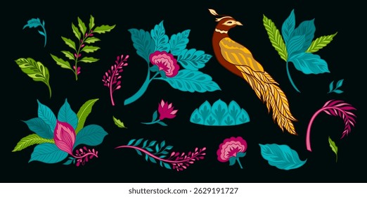 Vintage Mughal Floral Elements Set – Traditional Indian Botanical Ornaments for Textile, Print, and Decor Design Vector illustration design.