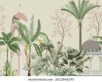 Vintage mughal garden with temple, peacock, flower plants, illustration