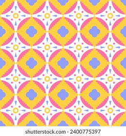 Vintage mehrfarbiges, nahtloses Muster. Gitteranordnung, geometrische stilisierte Blumen, Quadrate und Kreise, Sonnenbrand für Oberflächengestaltung, Stoff, Papier, Schreibwaren, Karte, Banner, Stoffdruck