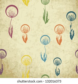 Vintage multicolor dandelions seamless pattern. Grungy vector vintage background with dandelions.