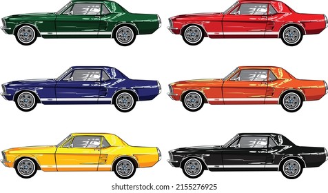 vintage multicolor muscle car isolated in white background