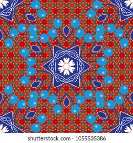 Vintage multicolor seamless pattern in brown, blue and pink colors. Vector illustration. Endless can be used for ceramic tile, wallpaper, linoleum, textile. Ceramic tile with colorful patchwork.