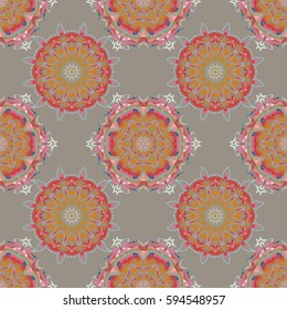 Vintage multicolored damask pattern. Oriental vector classic pattern. Abstract seamless pattern with multicolored repeating elements on gray background.