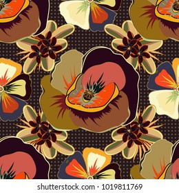 Vintage multicolored floral vector wedding invitation with abstract poppies and leafs, botanical natural beige, orange and brown poppy seamless pattern.