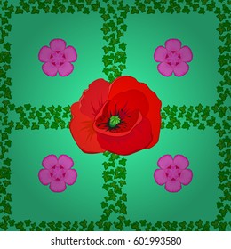 Vintage multicolored floral vector wedding invitation with abstract poppies and leafs, botanical natural poppy seamless pattern on green backdrop.