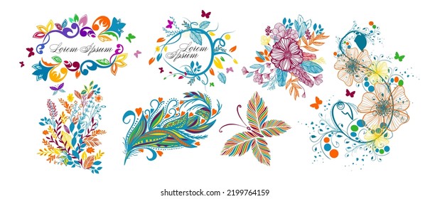 vintage multicolored graphic frame. Set of floral frames and colorful butterflies and abstractions. Vector illustration