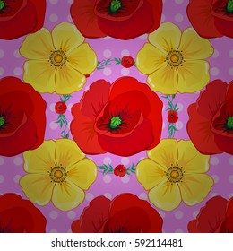 Vintage multicolored poppies. Hand drawn vector seamless pattern on a pink background.