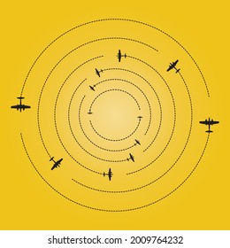 Aeronaves de varios motores de época que vuelan por un sendero circular. Ruta de vuelo apuntada con una silueta de avión sobre un fondo amarillo.