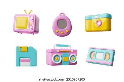 Antiguas multimedia de los años 90 3D iconos de estilo plástico conjunto. Dispositivos de entretenimiento retro. Renderizado de Vector realista Juego de Tamagotchi, TV, reproductor de cassette, caja de radio, disquete y cámara de fotos