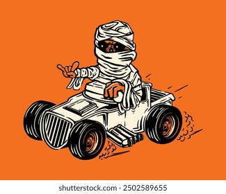 Vintage Mummy Hot Rod Car Halloween Illustration Perfect for Retro Style Designs and Spooky Merchandise