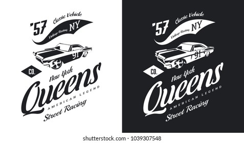 Vintage muscle car black and white isolated vector logo. Premium quality old sport vehicle logotype t-shirt emblem illustration. Queens, New York street wear hipster retro tee print design.