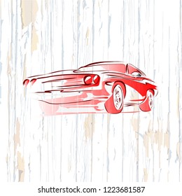 Vintage muscle car drawing on wooden background. Vector illustration drawn by hand.