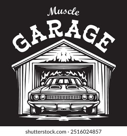 Ilustração da garagem do carro do músculo do vintage para as necessidades do projeto do vestuário e do logotipo