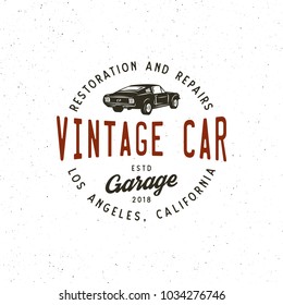 vintage muscle car garage logo. retro vehicle emblem, badge, design element, logotype template. vector illustration