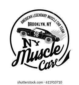 Vintage muscle car old grunge effect vector design illustration. Premium quality superior retro logo concept.