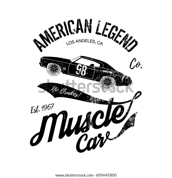 Vintage muscle car old\
grunge vector design illustration. Premium quality superior retro\
logo concept. 