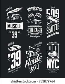 Vintage muscle car, roadster vector t-shirt logo isolated set. Premium quality motorcycle bikers club logotype tee-shirt emblem illustration. Bronx hot rod vehicle street wear retro tee print design.