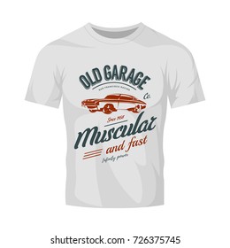 Vintage muscle car vector logo isolated on white t-shirt mock up. Premium quality old sport vehicle logotype tee-shirt illustration. San Francisco racing street wear superior retro tee print design.