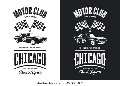 Vintage muscle vehicle black and white isolated vector logo. Premium quality sport car logotype tee-shirt emblem illustration. Chicago, Illinois street wear hipster superior retro tee print design.