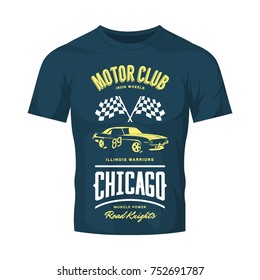 Vintage muscle vehicle vector logo isolated on dark t-shirt mock up. Premium quality sport car logotype tee-shirt emblem illustration. Chicago, Illinois street wear superior retro tee print design.