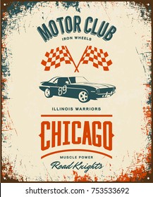 Vintage muscle vehicle vector logo isolated on light background. Premium quality sport car logotype tee-shirt emblem illustration. Chicago, Illinois street wear superior retro tee print design.