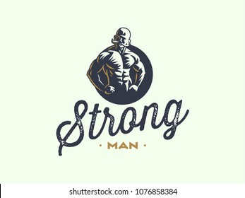 A vintage muscular strong man with a big mustache. Vector illustration.