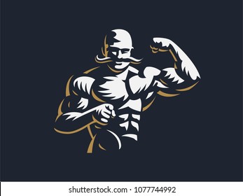 A vintage muscular strong man with a big mustache. Vector illustration.