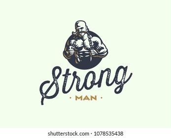 A vintage muscular strong man with a big mustache. Vector illustration.