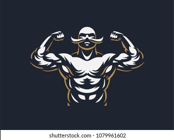 A vintage muscular strong man with a big mustache. Vector illustration.
