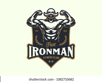 A vintage muscular strong man with a big mustache. Vector illustration.