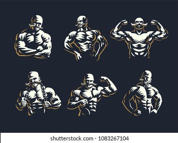 A vintage muscular strong man with a big mustache. Set of vintage vector emblems.