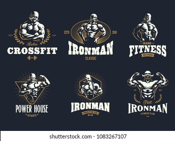 A vintage muscular strong man with a big mustache. Set of vintage vector emblems.