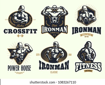 A vintage muscular strong man with a big mustache. Set of vintage vector emblems.
