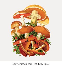 Vintage mushroom chromolithograph art, vintage vector element. 