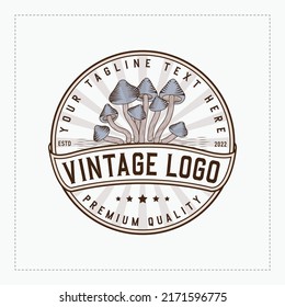 Vintage Mushroom Retro Logo design with Badge Style. Mushroom Restaurant logo Vintage template.