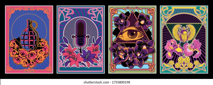 Vintage Music Album Covers Stylization, Psychedelic Posters, Microphone, Grenade, Eye In Triangle, Egyptian Scarab, Lilies, Orchids, Roses, Iris Flowers, Art Nouveu Frames