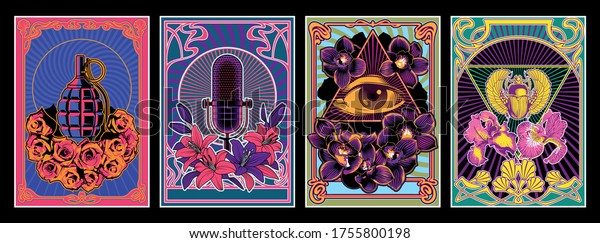 Vintage Music Album\
Covers Stylization, Psychedelic Posters, Microphone, Grenade, Eye\
in Triangle, Egyptian Scarab, Lilies, Orchids, Roses, Iris Flowers,\
Art Nouveu Frames