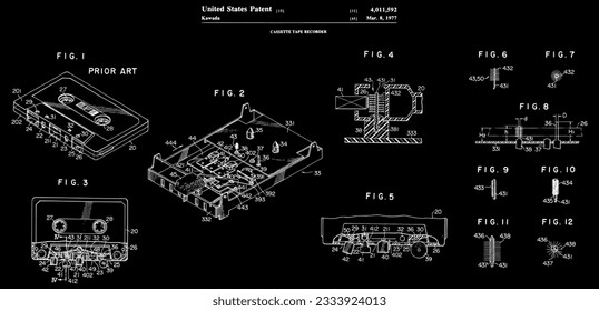 Vintage Music Art - 1977 Cassette Patent - Ein Kassettenband, eine Audiokassette oder einfach nur Band oder Kassette ist ein analoges Magnetbandaufzeichnungsformat für Tonaufnahme und -wiedergabe.